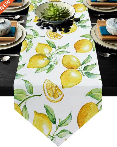 Watercolor Lemon Fruit White Yellow Table Runner Decorative