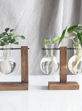 Vintage Glass Plant Bonsai Flower Vase Wooden Tray Flowers R