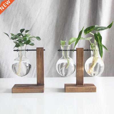 Vintage Glass Plant Bonsai Flower Vase Wooden Tray Flowers R