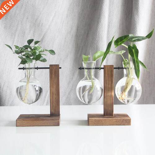 Vintage Glass Plant Bonsai Flower Vase Wooden Tray Flowers R