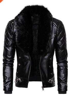 2021 New Punk wind Men PU Leather Jacket Solid Color fur co