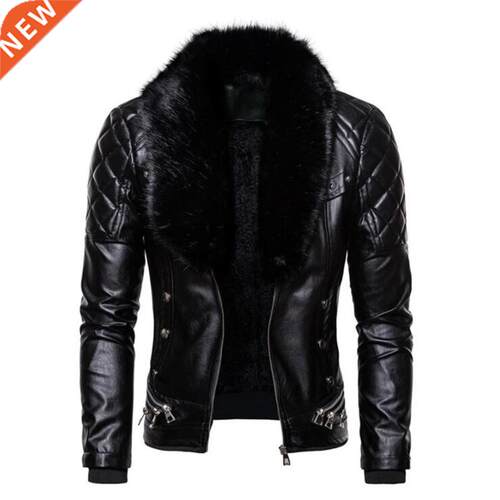 2021 New Punk wind Men PU Leather Jacket Solid Color fur co