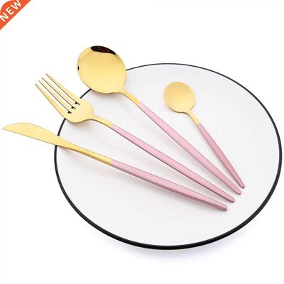 24Pcs Pink Gold Dinnerware Set Stainless Steel Cutlery Set K
