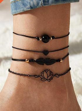 4pcs New Black Feather Lotus Anklets For Women Fashion Heart