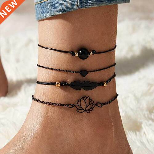 4pcs New Black Feather Lotus Anklets For Women Fashion Heart