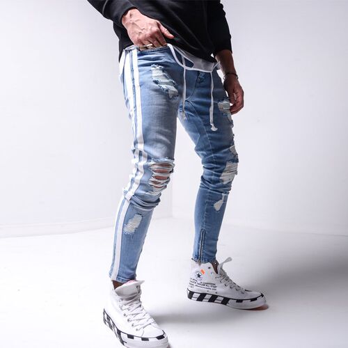 Skinny ripped jeans men Pants Pencil Biker Side Striped Jean