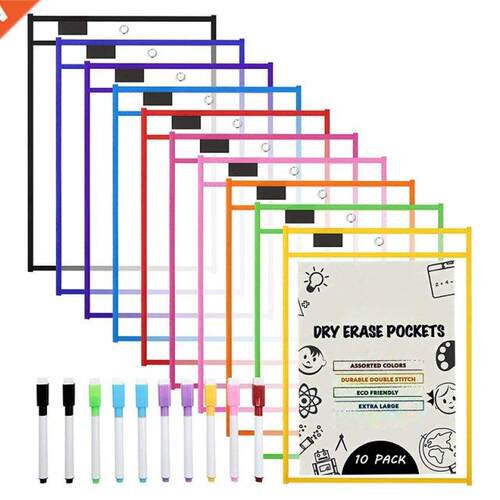 Dry Erase Pockets Sleeves, (10 Pack) A4 Paper Job Ticket Hol