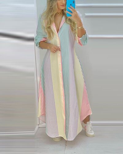 Summer Women Color Striped Button High Slit Shirt Maxi Dress