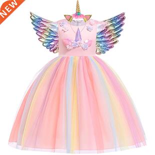 Girls Unicorn Tutu Dress Rainbow Princess Kids Party Dress C
