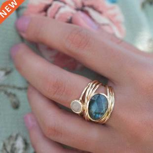 Labradorite Aqua for 14K Women Rings Gold Shell Vintage Blue