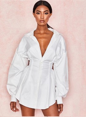 Women Shirts Dress Office Lady Long Puff Sleeve V-Neck High