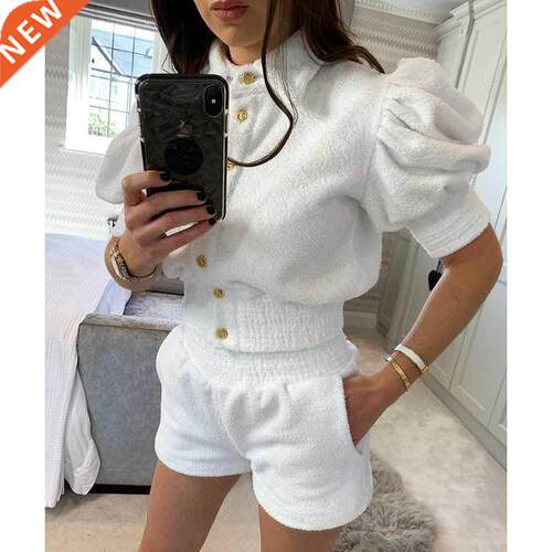 AGong Turn Down Collar Suits Women Fashion Elastic Waist Sho
