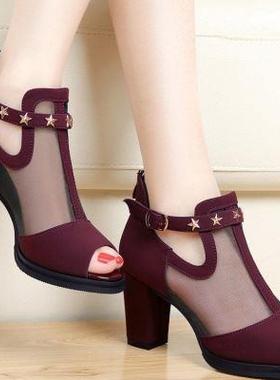 Women Pumps High Thick Black Heels Lies Shoes Rivet Mesh Z