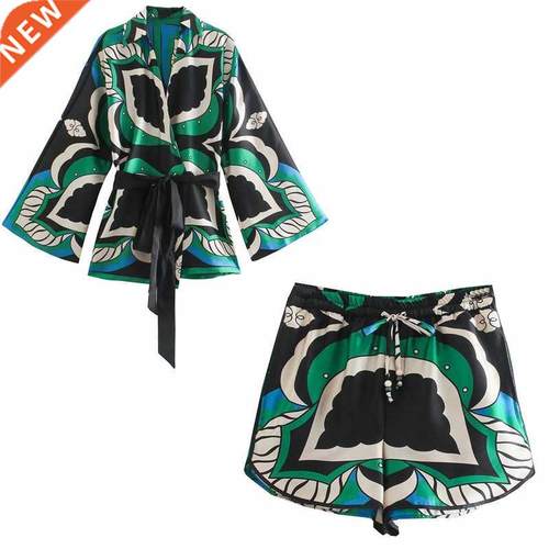Bermuda Shorts Suit Woman Summer 2021 Green Print High Waist
