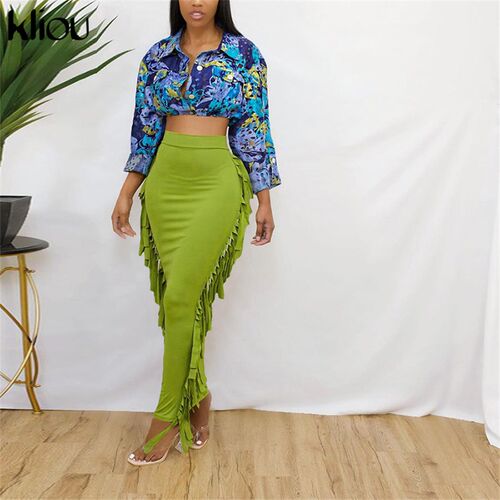 Kliou Side Tassel Women Skirt Elegant Unique Robe Straight S