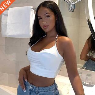 White Crop Top Womens Chain Stitching Halter Top Sleeveless