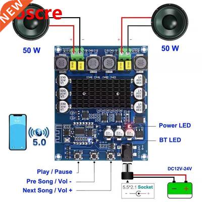 2*50W Bluetooth 5.0 TPA3116D2 NE5532 Preamplifier Power Ampl