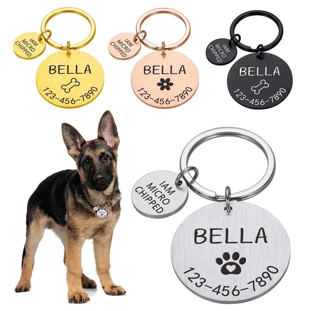 engraved dog pet id tag personalized name phone bone flower