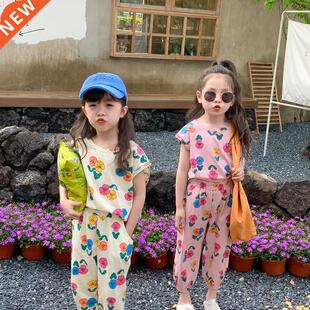 MILANCEL 2022 Summer Girls Set Vest Ninth Pants Loose Flower