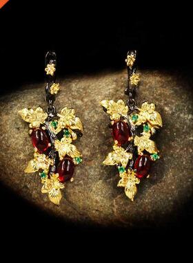 New Elegant Black Gold Ruby Pendant Flower Leaf 925 Silver E