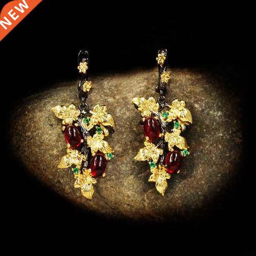 New Elegant Black Gold Ruby Pendant Flower Leaf 925 Silver E