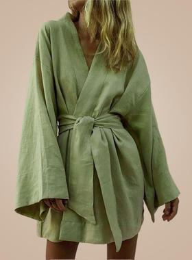 D.Nale K Cotton Linen Long Sve Sashes Dresses Women s V-N