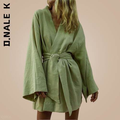 D.Nale K Cotton Linen Long Sve Sashes Dresses Women s V-N
