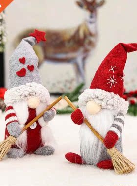 Ins Christmas Sweeping Gnome with Broom Figurine Ornaments M