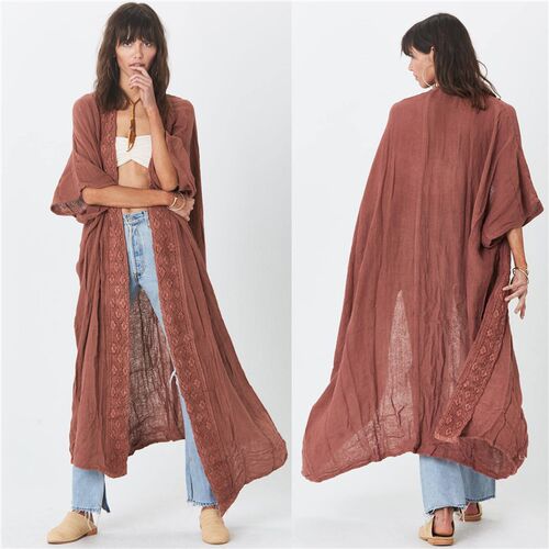 2021 Casual Hollow Out Half Sleeve Front Open Long Kimono Se
