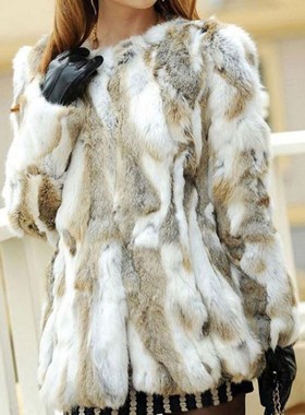 Ethel Anderson Real Farm Rabbit Fur Coat Women Striped