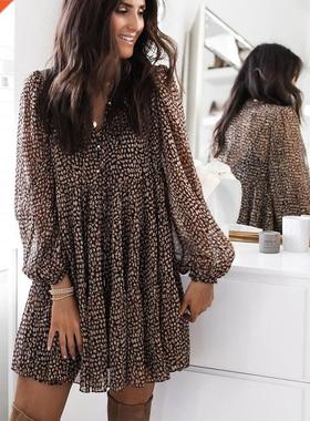 Lantern Sleeve Dot Print Ruffles Women Dress 2022 Casual V-n