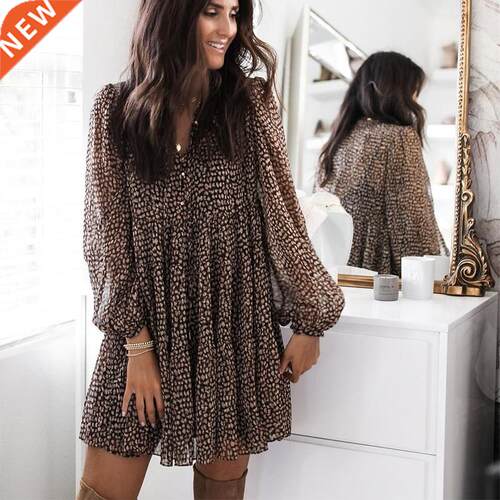 Lantern Sleeve Dot Print Ruffles Women Dress 2022 Casual V-n