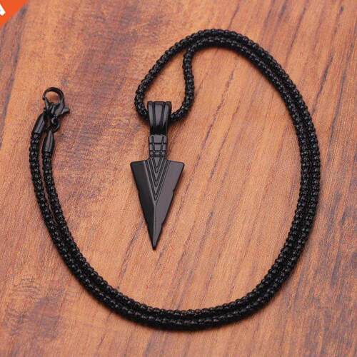 Men's Design Matte Black Long Necklace with Arrow Pendan
