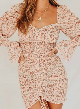 2020 Spring New Women Floral Print Sashes Shirt Dress Beach