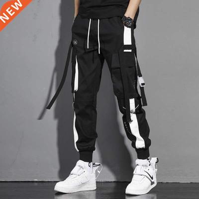 Men Cargo Pants Black Ribbons Harem Joggers Casual Cotton Se