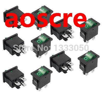 10 x AC 6A/250V 10A/125V 4 Terminal DPST Green Lamp O/F On-O