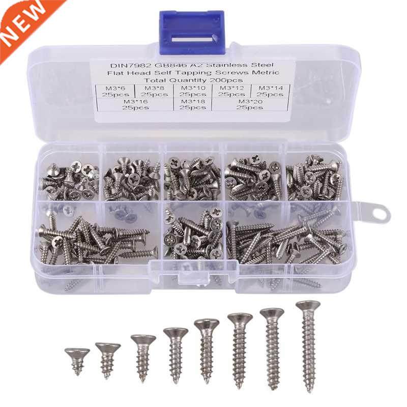 200Pcs M3 Stainless Steel Flat Head Screws Kits High Strengt