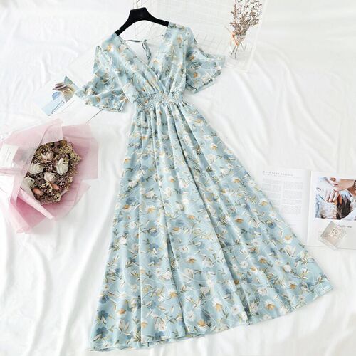 2021 Summer Women Ruffled Short-sleeved Chiffon Dress V-neck