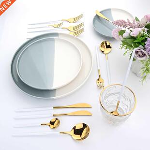 24Pcs Stainless Steel Cutlery Set Kitchen Silverware White