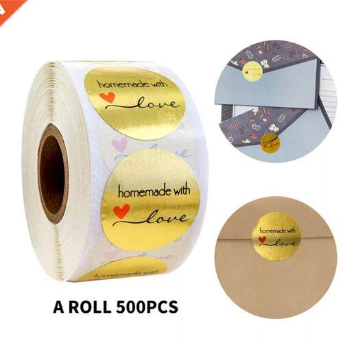 Round Gold Homemade With Love' Stickers Seal Labels