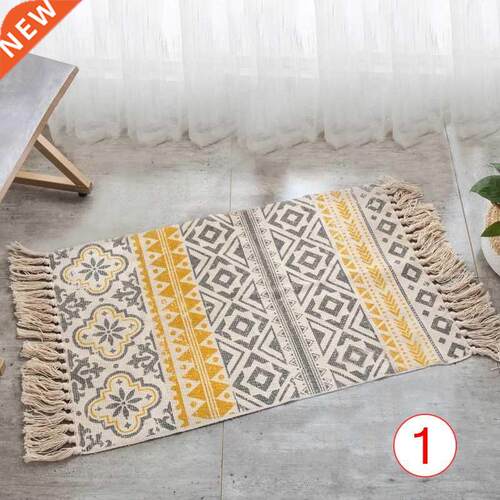 Retro Hand Woven Cotton Linen Carpet Rug Bedside Rug Geometr