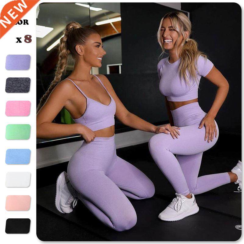 Seamless Women Yoga Set Workout Shirts Sport Pants Bra Gym S