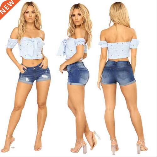 Hole Ripped Shorts Summer Mid Waist Denim Shorts Women Casua