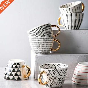 Hand Painted Geometric Ceramic Mugs With Gold Handle Handmad