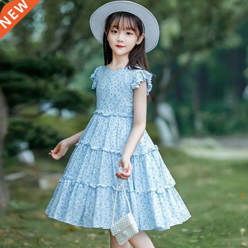 2022 Summer New Girls Pleated Long Dress Floral Pattern Beac