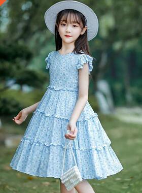 2022 Summer New Girls Pleated Long Dress Floral Pattern Beac