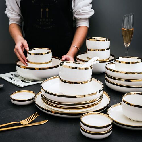 Ceramic Dinnerware Plate Bowl White Gold Stroke Ceramic
