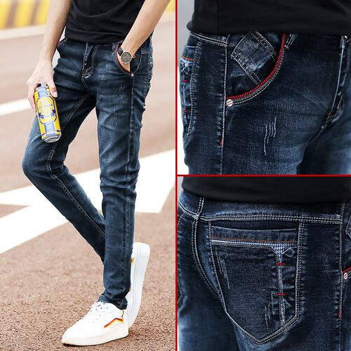 Fashion Men's Jeans Pants Stretch Dark Blue Skinny Jeans For