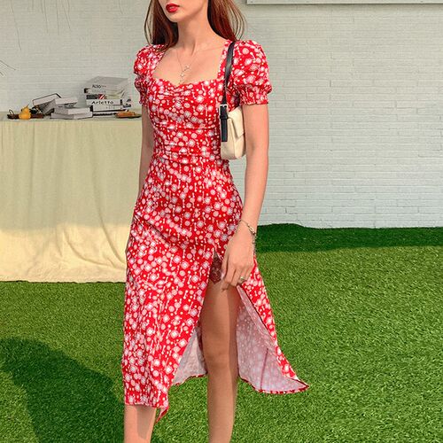 Women Summer Vintage Party Dress Lady France Style Puff Slee