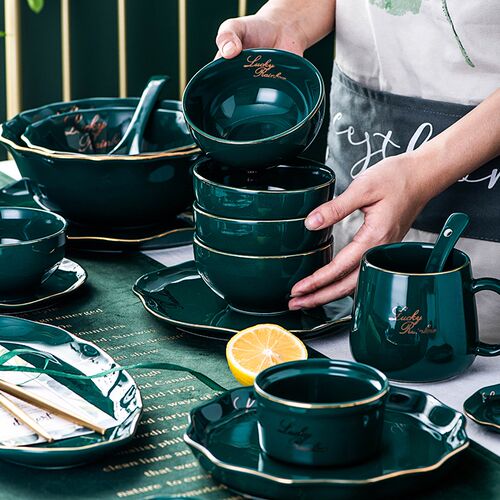 New Green Gold Ceramic Dessert Plate Dish Porcelain Family